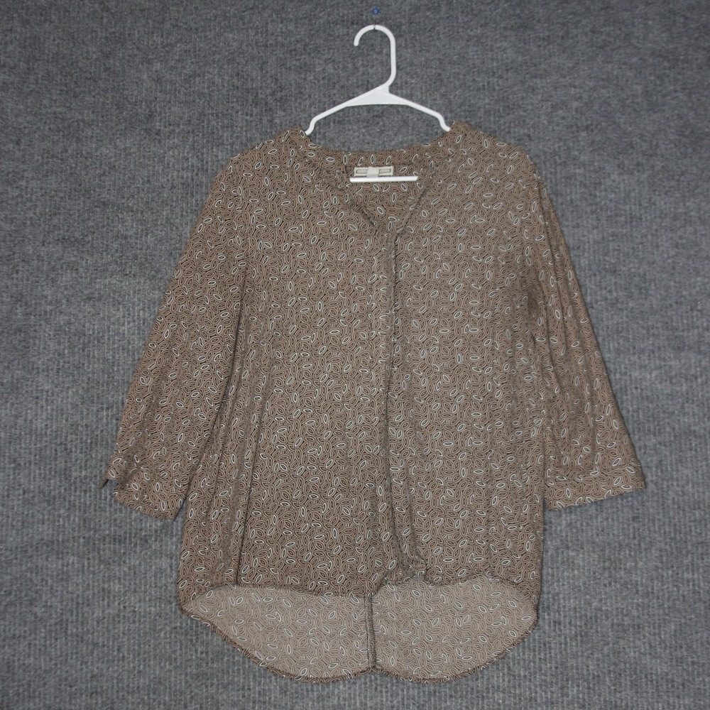 Dana Buchman Blouse Womens L Brown Geometric Print 3/4 Sleeve Business‎ Casual